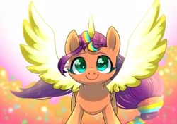 Size: 2507x1763 | Tagged: safe, artist:yukkuri_yu_yu, sunny starscout, alicorn, earth pony, pony, g5, alicornified, artificial horn, artificial wings, augmented, cute, female, horn, looking at you, magic, magic horn, magic wings, mane stripe sunny, mare, race swap, solo, spread wings, sunny stawwwscout, sunnybetes, wings