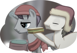Size: 1710x1183 | Tagged: safe, artist:equestriaexploration, fortune favors, starry skies, pony, g4, atg 2022, food, newbie artist training grounds, sandwich
