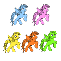 Size: 948x950 | Tagged: safe, artist:rainysweet, oc, oc:alison, oc:annie, oc:brittany, oc:evelyn, oc:noelle, pegasus, pony, g3, blue, colored, female, green, group, mare, orange (color), pegasus oc, pink, quintet, simple background, smiling, transparent background, yellow