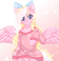 Size: 1900x1966 | Tagged: safe, artist:kawipie, oc, oc only, oc:bay breeze, pegasus, pony, semi-anthro, :3, arm hooves, blushing, bow, clothes, cute, female, hair bow, mare, pegasus oc, spread wings, sweater, wings