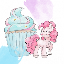 Size: 3588x3588 | Tagged: safe, artist:lightisanasshole, pinkie pie, earth pony, pony, g4, :t, crumbs, cupcake, female, food, high res, simple background, small pony, smiling, solo, tiny, tiny ponies, traditional art, watercolor painting, white background