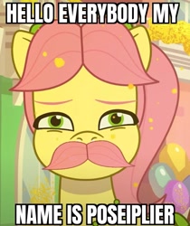 Size: 693x824 | Tagged: safe, edit, edited edit, edited screencap, editor:drnachtschatten, screencap, posey bloom, earth pony, pony, g5, my little pony: tell your tale, neighfever, spoiler:g5, spoiler:my little pony: tell your tale, spoiler:tyts01e16, caption, facial hair, image macro, markiplier, moustache, poseiplier, speech bubble, text, text edit, warfstache