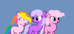 Size: 1280x584 | Tagged: safe, artist:disneyponyfan, artist:solsticeadopts, pinkie pie (g3), rarity (g3), wysteria, earth pony, pony, unicorn, g3, g4, base used, best friends, blank flank, blue background, blue eyes, cute, eyes closed, female, g3 diapinkes, g3 raribetes, g3 to g4, generation leap, mare, ms paint, multicolored hair, multicolored mane, multicolored tail, open mouth, open smile, pink hair, pink mane, pink tail, purple hair, purple mane, purple tail, simple background, smiling, tail, talking, trio, wysteriadorable