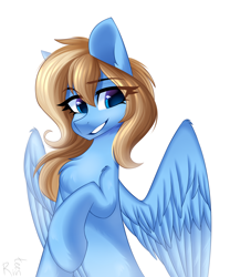 Size: 1500x1800 | Tagged: safe, artist:rinteen, oc, oc:lusty symphony, pegasus, pony, chest fluff, eye clipping through hair, eyebrows, eyebrows visible through hair, looking at you, smiling, spread wings, wings