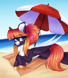 Size: 2000x2300 | Tagged: safe, artist:rinteen, oc, oc only, pegasus, pony, beach, eyebrows, eyebrows visible through hair, high res, looking at you, ocean, sand, smiling, solo, umbrella, water