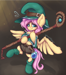 Size: 1764x2001 | Tagged: safe, artist:mochalula, fluttershy, pegasus, pony, g4, clothes, cute, fantasy class, female, hat, mage, mare, potion, shyabetes, simple background, socks, solo, spread wings, staff, wings, wizard hat