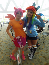 Size: 2121x2828 | Tagged: safe, artist:brinycosplay, artist:cosplayhazard, rainbow dash, scootaloo, human, bronycon, bronycon 2016, g4, clothes, converse, cosplay, costume, high res, irl, irl human, multicolored hair, photo, rainbow hair, shoes, sneakers