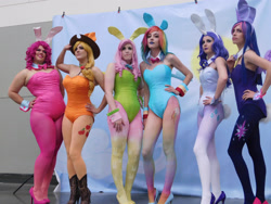 Size: 2828x2121 | Tagged: safe, artist:brinycosplay, applejack, fluttershy, pinkie pie, rainbow dash, rarity, twilight sparkle, human, bronycon, bronycon 2016, g4, bunny suit, clothes, cosplay, costume, flutterbunny, hand on hip, high heels, high res, irl, irl human, leotard, photo, playboy bunny, shoes