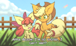 Size: 3500x2100 | Tagged: safe, artist:supasurida, apple bloom, applejack, earth pony, pony, g4, bench, big ears, duo, duo female, female, fence, filly, fluffy, foal, grass, grass field, happy, high res, impossibly large ears, mare, siblings, sisters, text