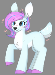 Size: 1652x2260 | Tagged: source needed, safe, artist:itsmeelement, oc, oc only, oc:dyn, deer, blue eyes, blushing, chest fluff, cute, eye clipping through hair, eyelashes, fluffy tail, happy, heart, lipstick, long mane, multicolored mane, simple background, tail