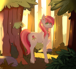 Size: 2421x2177 | Tagged: safe, artist:evangle, roseluck, earth pony, pony, g4, collar, commission, commissioner:doom9454, cute, forest, high res, pet tag, pony pet, rosabetes, rosepet, solo