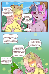 Size: 960x1440 | Tagged: safe, artist:cold-blooded-twilight, fluttershy, spike, twilight sparkle, dragon, pegasus, pony, unicorn, cold blooded twilight, comic:cold storm, g4, blushing, claws, comic, dialogue, eyes closed, female, flower, flower in hair, mare, moaning, open mouth, smiling, speech bubble, unicorn twilight