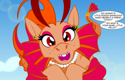 Size: 3356x2135 | Tagged: safe, artist:badumsquish, derpibooru exclusive, oc, oc only, oc:adagio dazzle's mother, siren, bangle, bracelet, crossed hooves, cute, dialogue, ear piercing, earring, eyeshadow, female, freckles, friendly, grin, high res, jewelry, lens flare, looking at you, low angle, makeup, mother, necklace, nickname, offscreen character, open mouth, pearl necklace, piercing, pov, show accurate, siren oc, sky, smiling, solo, tail, tail wrap, talking to viewer