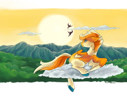 Size: 1280x984 | Tagged: safe, artist:paisleyperson, oc, oc:papaya spritz, pegasus, pony, cloud, female, mare, mountain, mountain range, solo, sun, sunset