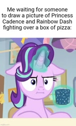 Size: 500x827 | Tagged: safe, edit, edited screencap, screencap, starlight glimmer, marks for effort, :i, chocolate, drink, empathy cocoa, floppy ears, food, hot chocolate, i mean i see, implied princess cadance, implied rainbow dash, solo, starlight's office, that pony sure does love pizza, waiting