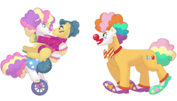 Size: 1280x732 | Tagged: safe, artist:itstechtock, big top, circus peanut, trapeze star, earth pony, pony, g4, bowtie, clown, clown makeup, clown nose, red nose, simple background, transparent background, unicycle