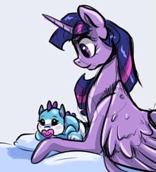 Size: 781x862 | Tagged: safe, artist:smirk, twilight sparkle, oc, unnamed oc, alicorn, dragon, pony, g4, baby, baby dragon, colored sketch, dragon oc, duo, non-pony oc, pacifier, pillow, sketch, twilight sparkle (alicorn)