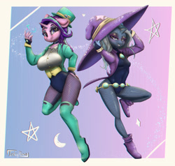 Size: 1200x1142 | Tagged: safe, artist:inkypuso, starlight glimmer, trixie, unicorn, anthro, g4, alternate hairstyle, breasts, busty starlight glimmer, choker, clothes, corset, duo, eyeshadow, female, fingerless gloves, fishnet stockings, gloves, grin, hat, leotard, makeup, smiling, top hat
