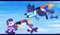 Size: 1280x757 | Tagged: safe, artist:liannell, princess luna, rarity, alicorn, pony, g4, alicornified, clothes, flying, happy, jetpack, leotard, race swap, raricorn, sky, sky background, smiling