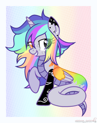 Size: 1710x2166 | Tagged: safe, artist:idkhesoff, oc, oc only, oc:pastel chole, alicorn, lamia, original species, pony, snake, snake pony, alicorn oc, commission, female, freckles, grin, heterochromia, horn, lamiafied, mare, markings, multicolored hair, rainbow background, rainbow hair, raised hoof, smiling, solo, species swap, tattoo, wings, ych result