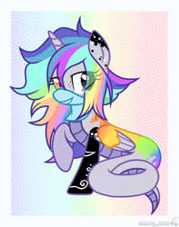 Size: 1710x2166 | Tagged: safe, alternate version, artist:idkhesoff, oc, oc only, oc:pastel chole, alicorn, lamia, original species, pony, snake, snake pony, alicorn oc, bandana, commission, female, freckles, grin, heterochromia, horn, lamiafied, mare, markings, multicolored hair, rainbow background, rainbow hair, raised hoof, smiling, solo, species swap, tattoo, wings, ych result