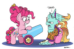 Size: 1024x681 | Tagged: safe, artist:bobthedalek, luster dawn, pinkie pie, earth pony, pony, unicorn, g4, atg 2022, bipedal, candle, candy, clothes, covered in cake, covered in food, duo, duo female, female, food, frosting, hat, implied starlight glimmer, kite, lollipop, luster dawn is not amused, luster dawn is starlight's and sunburst's daughter, mare, messy, newbie artist training grounds, older, older pinkie pie, party cannon, party hat, rubber duck, streamers, sweater, that pony sure does love kites, unamused