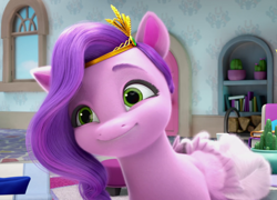 Size: 1500x1080 | Tagged: safe, screencap, pipp petals, pegasus, pony, g5, my little pony: make your mark, my little pony: make your mark chapter 1, spoiler:my little pony: make your mark, adorapipp, book, cactus, cropped, cute, female, headband, jewelry, mare, potted plant, regalia, smiling, solo