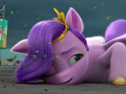 Size: 750x560 | Tagged: safe, screencap, pipp petals, pegasus, pony, g5, make your mark, my little pony: make your mark, spoiler:my little pony: make your mark, cropped, faceplant, female, headband, jewelry, leaves, mare, one eye closed, regalia, solo, storm