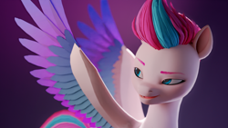 Size: 1920x1080 | Tagged: safe, artist:luminousdazzle, derpibooru exclusive, zipp storm, pegasus, pony, g5, 3d, 3d model, blender, blender cycles, colored wings, eyebrows, female, mare, multicolored mane, multicolored wings, open mouth, open smile, simple background, smiling, solo, spread wings, wallpaper, wings