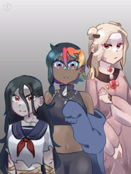 Size: 1536x2048 | Tagged: safe, artist:metaruscarlet, oc, oc only, oc:anna (spirit), oc:keiko (ghost), oc:pride heart, ghost, human, undead, bandage, bandaid, belly button, blood, chains, clothes, cut, dark skin, dress, ear piercing, earring, eyebrow piercing, eyeshadow, female, gem, genderless, hoodie, humanized, humanized oc, jewelry, lip piercing, makeup, multicolored hair, necklace, nose piercing, open mouth, pants, piercing, rainbow hair, red eyes, scar, school uniform, size difference, spirit, sports bra, stitches, sweatpants, tattoo, torn clothes, trio