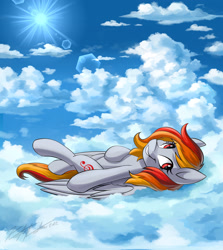 Size: 3000x3357 | Tagged: safe, artist:kaylerustone, oc, oc only, oc:tridashie, pegasus, pony, cloud, day, eyelashes, feathered wings, female, folded wings, grin, high res, looking at you, looking back, mare, on a cloud, outdoors, raised hoof, sky, smiling, smiling at you, solo, sun, wings