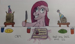 Size: 3826x2244 | Tagged: safe, artist:rapidsnap, madame leflour, pinkie pie, sir lintsalot, g4, party of one, cake, crazy eyes, crazy face, faic, food, hat, high res, insanity, manic grin, party, party hat, pinkamena diane pie, smiling, traditional art