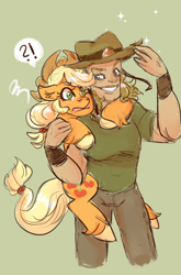 Size: 1050x1595 | Tagged: safe, artist:mimiporcellini, applejack, earth pony, human, pony, g4, anime, colored sketch, crossover, crossover shipping, female, green background, hol horse, holjack, jojo's bizarre adventure, male, shipping, simple background, sketch, straight