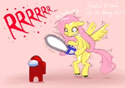 Size: 1488x1052 | Tagged: safe, artist:chiefywiffy, fluttershy, pegasus, pony, .mov, shed.mov, g4, among us, bipedal, chainsaw, crewmate, duo, fluttershed, hoof hold, imminent death, imminent murder, pink background, simple background, this will end in death