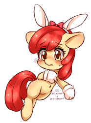 Size: 683x916 | Tagged: safe, artist:sugarcat_m, apple bloom, earth pony, pony, g4, adorabloom, belly button, blushing, bunny ears, clothes, cute, female, filly, foal, gloves, simple background, sweat, sweatdrop, white background