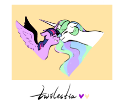 Size: 1008x848 | Tagged: safe, artist:xiashui, princess celestia, twilight sparkle, alicorn, pony, g4, boop, eyes closed, female, floppy ears, grin, heart, horn, lesbian, mare, noseboop, ship:twilestia, shipping, simple background, size difference, smiling, spread wings, text, twilight sparkle (alicorn), wings, yellow background
