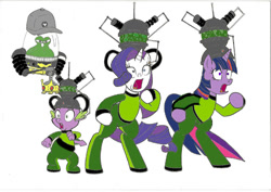 Size: 1062x752 | Tagged: safe, artist:jmkplover, color edit, edit, rarity, spike, twilight sparkle, alicorn, alien, dragon, pony, unicorn, g4, bipedal, bodysuit, brainwashing, chicken dance, clothes, colored, controller, crossover, female, hat, helmet, jimmy neutron: boy genius, jumpsuit, male, mind control, open mouth, pinpoint eyes, remote control, shocked, shocked expression, simple background, slime, suit, tech control, white background