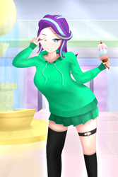 Size: 4000x6000 | Tagged: safe, artist:toffrox, starlight glimmer, human, equestria girls, g4, clothes, eyebrows, eyebrows visible through hair, female, food, fountain, heart, heart eyes, ice cream, looking at you, mall, microskirt, miniskirt, one eye closed, peace sign, skirt, smiling, socks, solo, sweater, thigh highs, thigh socks, wingding eyes, wink, winking at you