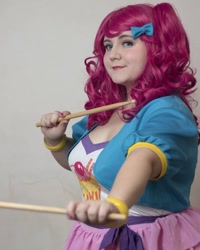 Size: 1080x1350 | Tagged: safe, pinkie pie, human, equestria girls, g4, clothes, cosplay, costume, drumsticks, irl, irl human, oz comic con, photo, solo