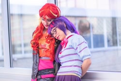 Size: 1080x720 | Tagged: safe, artist:jaycosplay1, artist:sayakcos, sci-twi, sunset shimmer, twilight sparkle, human, equestria girls, g4, clothes, cosplay, costume, duo, female, irl, irl human, lesbian, photo, ship:sci-twishimmer, ship:sunsetsparkle, shipping