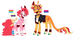 Size: 3195x1570 | Tagged: safe, artist:pumpkin-phantom, pinkie pie, sunset shimmer, classical unicorn, earth pony, pony, unicorn, g4, alternate design, bow, chest fluff, choker, clothes, cloven hooves, duo, female, horn, leather, leather vest, leonine tail, lesbian, pride flag, ship:sunsetpie, shipping, simple background, spiked choker, tail, tail bow, unshorn fetlocks, vest, white background