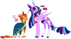 Size: 3601x1980 | Tagged: safe, artist:pumpkin-phantom, sunburst, twilight sparkle, alicorn, classical unicorn, pony, unicorn, g4, cloven hooves, female, height difference, horn, leonine tail, lesbian, pride flag, ship:twiburst, shipping, simple background, t4t, trans female, trans sunburst, transgender, twilight sparkle (alicorn), unshorn fetlocks, white background