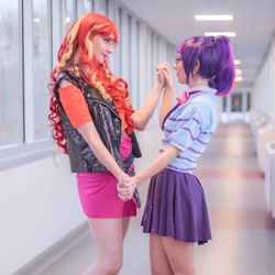 Size: 1080x1080 | Tagged: safe, artist:jaycosplay1, artist:sayakcos, sci-twi, sunset shimmer, twilight sparkle, human, equestria girls, g4, clothes, cosplay, costume, duo, female, irl, irl human, lesbian, photo, ship:sci-twishimmer, ship:sunsetsparkle, shipping