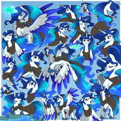 Size: 2485x2500 | Tagged: safe, artist:syrupyyy, oc, oc only, oc:caduceus, alicorn, pony, fanfic:song of seven, alicorn oc, blue mane, cloak, clothes, crying, cyan eyes, determination, doodle, dork, expressions, eyes closed, facial expressions, female, flapping wings, flowing mane, gem, glowing, glowing horn, harp, hidden eyes, high res, horn, long mane, long tail, lyre, mare, musical instrument, simple background, smiling, solo, tail, teary eyes, unshorn fetlocks, unsure, wings