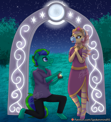 Size: 3000x3300 | Tagged: safe, artist:spokenmind93, oc, oc only, oc:cygnus, oc:gale twister, anthro, unguligrade anthro, clothes, crown, crying, cute, cygale, dress, female, high res, jewelry, male, marriage proposal, moon, night, oc x oc, regalia, shipping, stars, straight, tears of joy