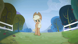 Size: 800x450 | Tagged: safe, screencap, applejack, earth pony, pony, bats!, g4, season 4, angry, animated, applejack is not amused, close-up, female, gif, it's coming right at us, mare, narrowed eyes, solo, song, stop the bats, unamused, zoom