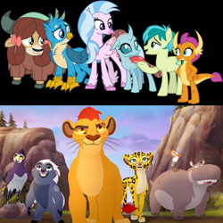 Size: 1024x1024 | Tagged: source needed, safe, artist:cloudy glow, edit, gallus, ocellus, sandbar, silverstream, smolder, yona, badger, big cat, bird, cheetah, classical hippogriff, dragon, eagle, earth pony, griffon, hippogriff, hippopotamus, honey badger, lion, pony, yak, g4, the hearth's warming club, anga, beshte, bunga, comparison, egret, fuli, kion, ono, student six, the lion guard