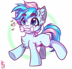 Size: 2277x2172 | Tagged: safe, artist:falafeljake, oc, oc only, oc:blue chewings, earth pony, pony, chest fluff, chew toy, cute, ear fluff, eyebrows, eyebrows visible through hair, floating heart, heart, high res, male, mouth hold, ocbetes, solo