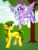 Size: 1546x2048 | Tagged: safe, artist:falafeljake, apple fritter, flitter, earth pony, pegasus, pony, g4, apple family member, commission, duo, ear fluff, female, flying, mare, tree