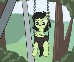 Size: 1279x1080 | Tagged: safe, artist:happy harvey, oc, oc:filly anon, earth pony, pony, angry, blushing, bush, crossed arms, crossed hooves, eyebrows, female, filly, foal, grumpy, hill, phone drawing, scrunchy face, sitting, swing, swing set, tree